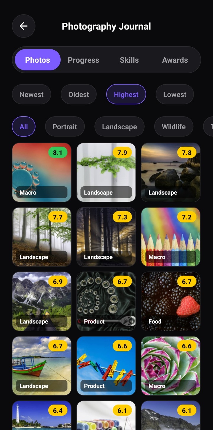 PhotoGuide AI — Photography Journal screen