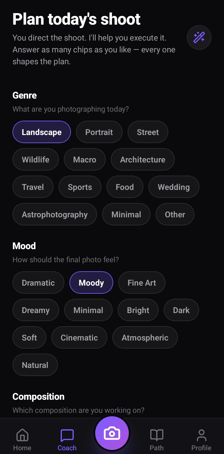 PhotoGuide AI — Plan Today's Shoot screen